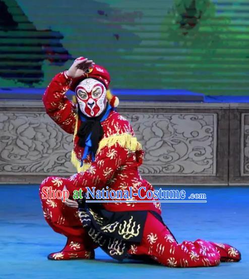 Chinese Peking Opera Martial Male Havoc In Heaven Costumes Apparels Wusheng Monkey Soldier Red Garment and Headwear