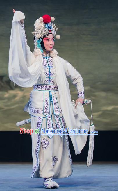 Chinese Traditional Henan Opera Wudan Legend of the White Snake Costumes Peking Opera Apparel Martial Female Garment and Headwear