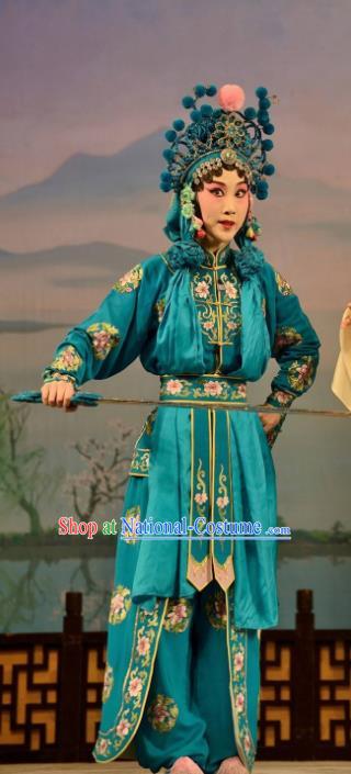 Traditional Chinese Henan Opera Martial Female Legend of the White Snake Costumes Peking Opera Apparel Wudan Green Garment and Headwear