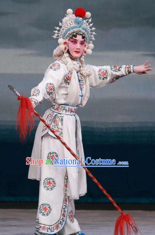 Traditional Chinese Henan Opera Legend of the White Snake Costumes Peking Opera Martial Female Apparel Wudan White Garment and Headwear