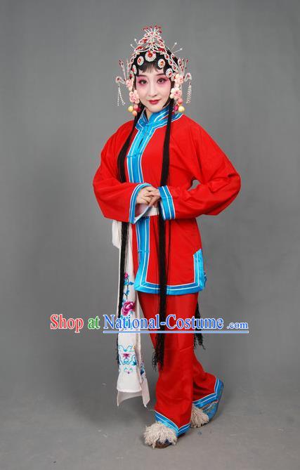 Traditional Chinese Peking Opera Susan Left Hongtong County Young Lady Costumes Apparel Xiaodan Red Garment and Headwear