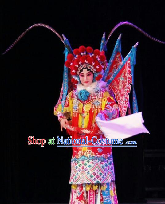 Chinese Traditional Peking Opera Blues Costumes Wujiapo Martial Female General Red Kao Armor Suit with Flags Apparels Garment and Headdress