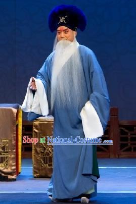 Chinese Peking Opera Old Scholar Apparels Costumes Four Scholars Lao Sheng Elderly Men Garment Blue Robe and Hat