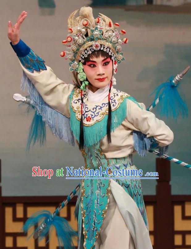 Traditional Chinese Peking Opera Wudan Apparels Garment The Fire Fenix Martial Female Green Dress Costumes and Headdress