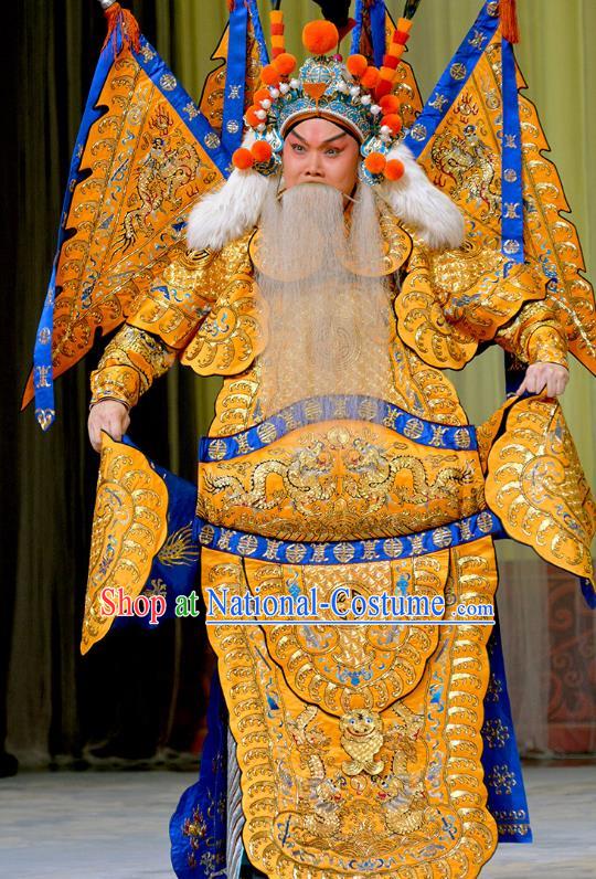 Chinese Peking Opera Kao Costumes Zhu Lian Zhai Apparels Wu Sheng Garment General Yellow Armor Suits with Flags and Headwear