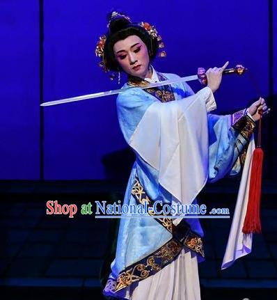 Chinese Beijing Opera Noble Female Blue Hanfu Dress Costumes Cao Cao And Yang Xiu Peking Opera Hua Tan Garment and Hair Accessories