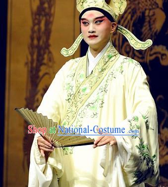 Chinese Kun Opera Young Men Apparels The Peach Blossom Fan Peking Opera Schoalr Garment Hou Chaozong Costumes and Hat