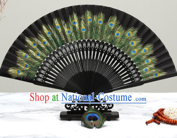 Chinese Traditional Printing Peacock Feather Black Silk Fan Classical Dance Accordion Fans Folding Fan