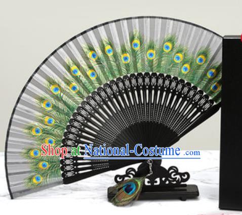 Chinese Traditional Printing Peacock Feather Grey Silk Fan Classical Dance Accordion Fans Folding Fan