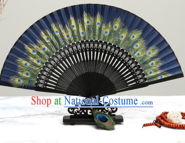 Chinese Traditional Printing Peacock Feather Navy Silk Fan Classical Dance Accordion Fans Folding Fan