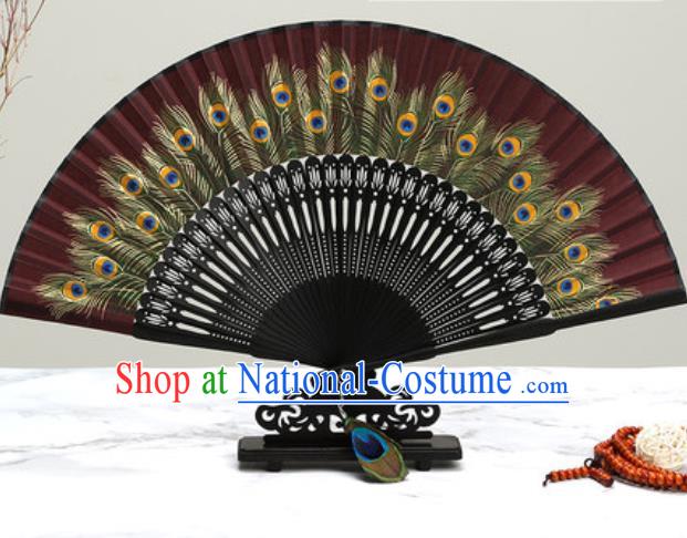 Chinese Traditional Printing Peacock Feather Dark Red Silk Fan Classical Dance Accordion Fans Folding Fan