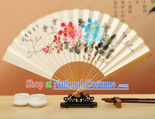 Chinese Hand Painting Peony Plum Flowers Paper Fan Traditional Classical Dance Accordion Fans Folding Fan