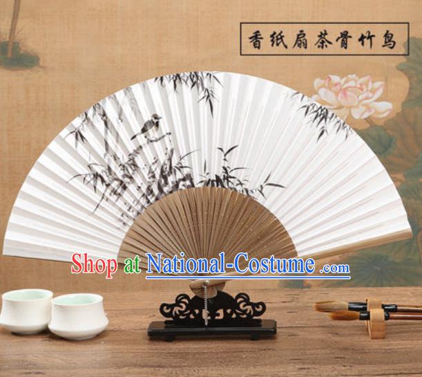 Chinese Traditional Ink Painting Bamboo Bird Paper Fan Classical Dance Accordion Fans Folding Fan