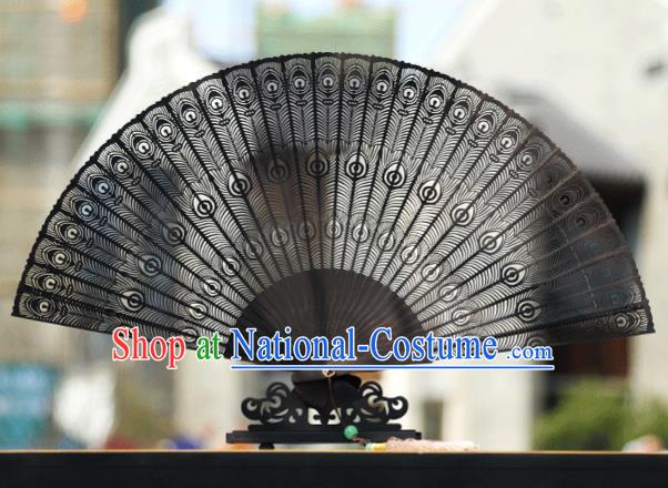 Handmade Chinese Carving Peacock Feather Ebony Fan Traditional Classical Dance Accordion Fans Folding Fan