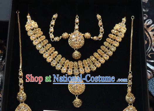 Indian Traditional Wedding Crystal Necklace Earrings and Eyebrows Pendant Asian India Bride Headwear Jewelry Accessories for Women