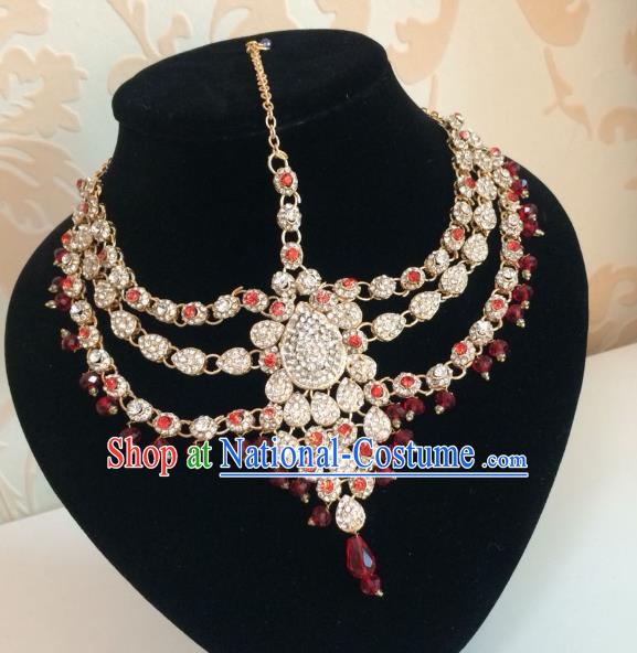 Traditional Indian Court Wedding Red Beads Crystal Hair Accessories Asian India Eyebrows Pendant Jewelry Accessories for Women