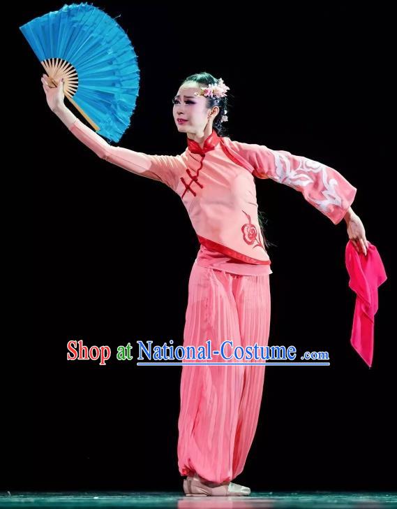 Chinese You Ran Qing Yun Folk Dance Pink Outfits Traditional Fan Dance Stage Performance Costume for Women