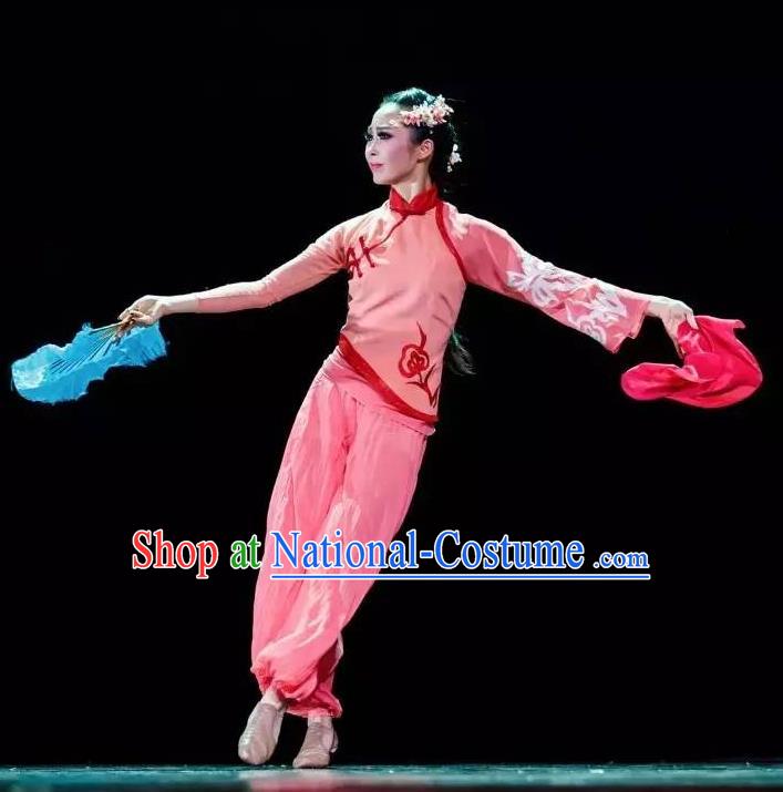 Chinese You Ran Qing Yun Folk Dance Pink Outfits Traditional Fan Dance Stage Performance Costume for Women