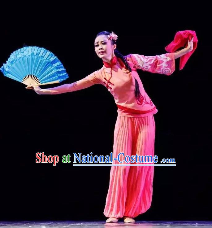 Chinese You Ran Qing Yun Folk Dance Pink Outfits Traditional Fan Dance Stage Performance Costume for Women