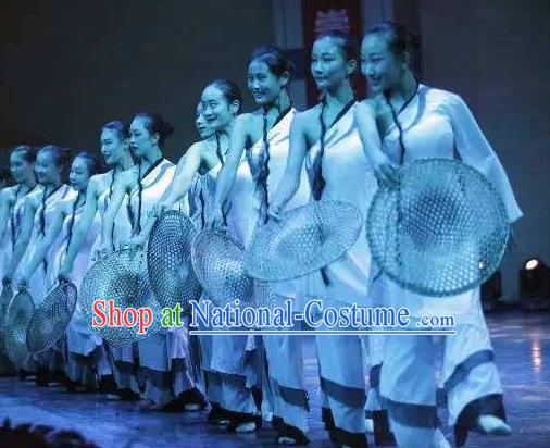 Chinese Feng He Yu Li Fan Dance White Dress Traditional Classical Dance Stage Performance Costume for Women