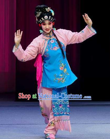 Chinese Peking Opera Young Girl Garment Costumes and Headpieces Pick Up the Jade Bracelet Yue Opera Hua Tan Dress Apparels