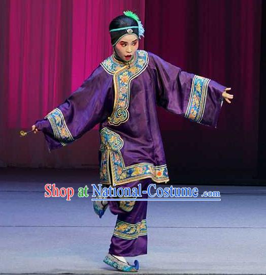 Chinese Peking Opera Elderly Female Purple Apparels Costumes and Headdress Pick Up the Jade Bracelet Yue Opera Laodan Garment Dress