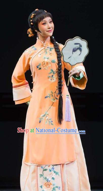 Chinese Shaoxing Opera Young Female Orange Garment Apparels and Hair Accessories Ling Long Nv Yue Opera Actress Dress Costumes