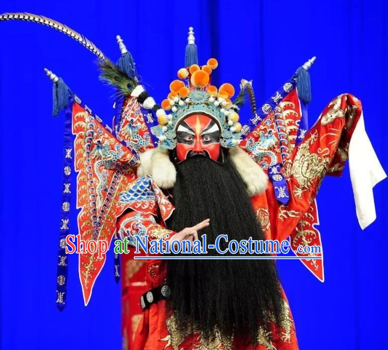 Chinese Historical Beijing Opera General Red Kao Armor Suit with Flags Apparels Zhu Lian Zhai Peking Opera Elderly Male Garment Costumes and Headpiece