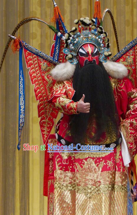 Chinese Historical Beijing Opera General Red Kao Armor Suit with Flags Apparels Zhu Lian Zhai Peking Opera Elderly Male Garment Costumes and Headpiece