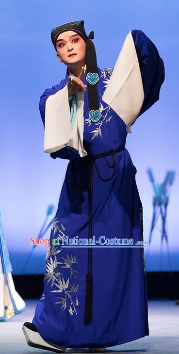 Chinese Classical Kun Opera Young Male Apparels The Story of Pipa Peking Opera Garment Scholar Blue Costumes and Headwear