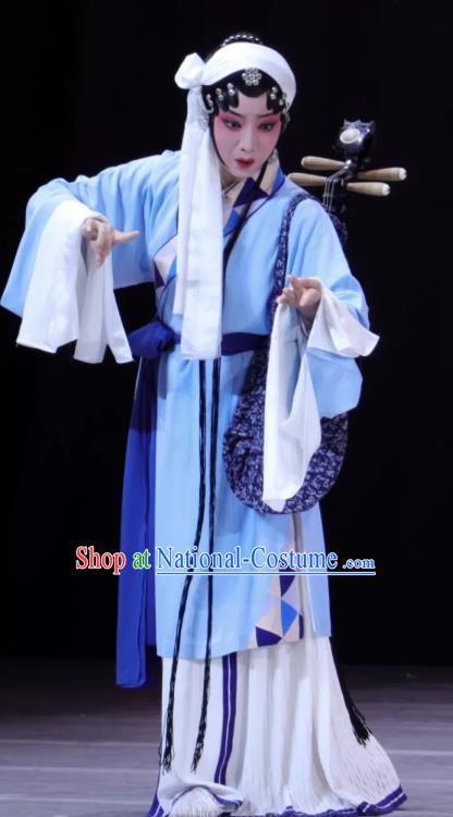 Chinese Kun Opera Civilian Female Blue Dresses Costumes The Story of Pipa Peking Opera Apparels Tsing Yi Garment and Headwear