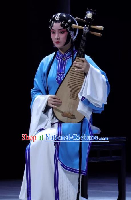 Chinese Kun Opera Tsing Yi Blue Dresses Costumes The Story of Pipa Peking Opera Garment Distress Maiden Apparels and Headwear