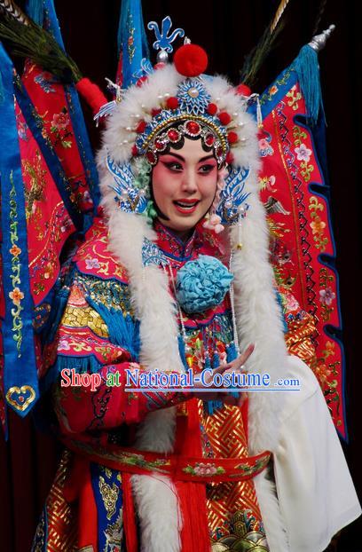 Chinese Kun Opera Female General Kao Costumes Princess Baihua Peking Opera Blues Garment Apparels Red Armor Suit with Flags and Headdress