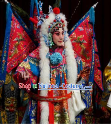 Chinese Kun Opera Female General Kao Costumes Princess Baihua Peking Opera Blues Garment Apparels Red Armor Suit with Flags and Headdress