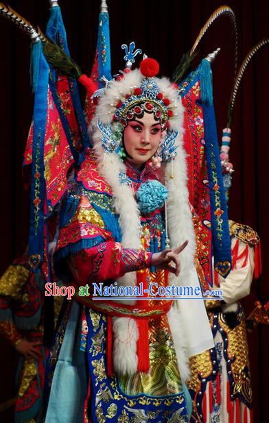 Chinese Kun Opera Female General Kao Costumes Princess Baihua Peking Opera Blues Garment Apparels Red Armor Suit with Flags and Headdress