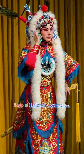 Chinese Kun Opera Female General Red Armor Costumes Princess Baihua Peking Opera Blues Garment Apparels and Headdress Complete Set