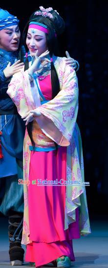 Chinese Shaoxing Opera Young Lady Li Da Dress Garment Costumes and Headdress Bady from the Sea Yue Opera Hua Tan Country Girl Apparels