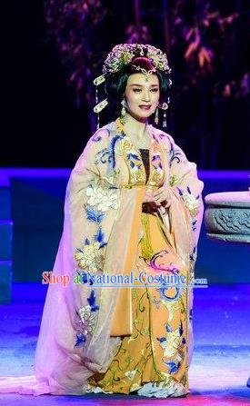 Chinese Shaoxing Opera Empress Actress Garment Costumes and Headdress Wang Yangming Yue Opera Hua Tan Yellow Dress Apparels