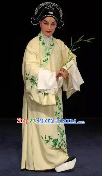 Chinese West Wing to Remember Classical Kun Opera Young Male Costumes Garment and Hat Peking Opera Xiao Sheng Yu Shuye Yellow Robe Apparels