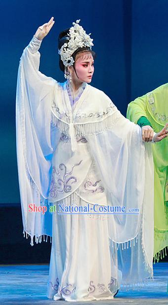 Chinese Shaoxing Opera Wu Dan Actress Bai Suzhen Garment Costumes and Headdress Legend of White Snake Yue Opera Hua Tan White Dress Apparels