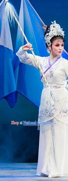 Chinese Shaoxing Opera Martial Female Actress Bai Suzhen Dress Garment Costumes and Headdress Legend of White Snake Yue Opera Wudan Apparels