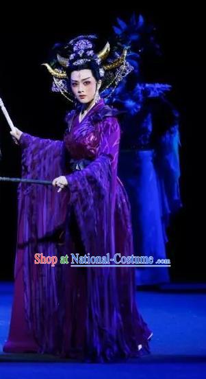 Chinese Shaoxing Opera Queen Actress Purple Apparels Costumes and Headdress The Story of Goddess Yue Opera Empress Garment