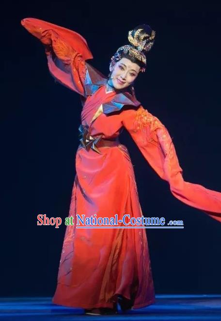 Chinese Shaoxing Opera Martial Female Red Apparels Costumes and Headdress The Story of Goddess Yue Opera Actress Han Ba Garment