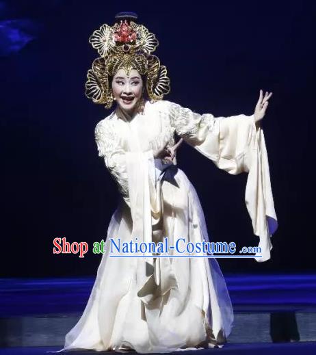 Chinese Shaoxing Opera Hua Tan Su Nv Apparels Costumes and Headdress The Story of Goddess Yue Opera Actress Empress Garment