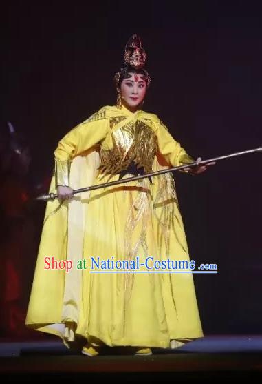 Chinese Shaoxing Opera Swordswoman Yellow Dress Apparels Costumes and Headdress The Story of Goddess Yue Opera Martial Female Su Nv Garment