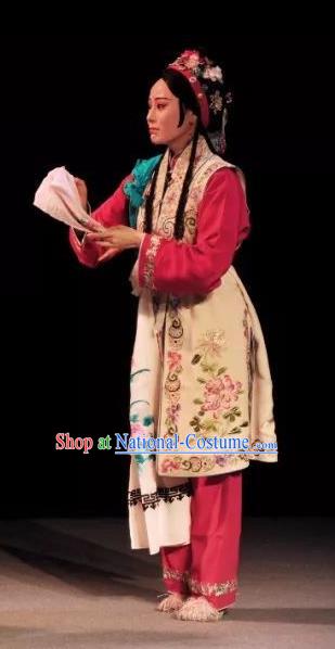 Chinese Kun Opera Xiaodan Dress Costumes and Headdress On A Wall and Horse Kunqu Opera Servant Girl Garment Apparels