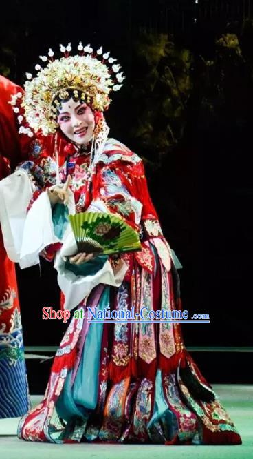 Chinese Kun Opera Imperial Consort Yang Red Dress Costumes and Headdress Rain on the Phoenix Tree Kunqu Opera Hua Tan Garment Apparels