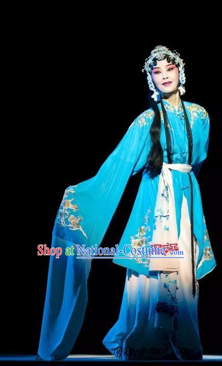 Chinese Kun Opera Tsing Yi Fu Guiying Dress Apparels Costumes and Headdress Burning Incense Kunqu Opera Distress Maiden Blue Garment