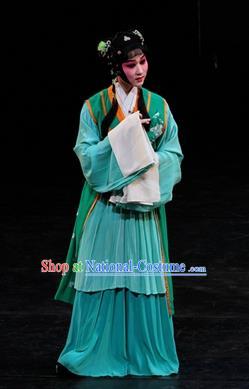 Chinese Kun Opera Servant Girl Zi Juan Apparels Costumes and Headpieces Dream of Red Mansions Kunqu Opera Young Lady Green Dress Garment