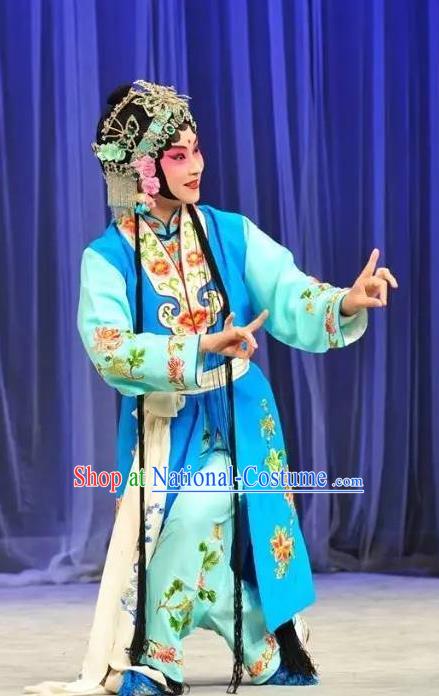 Chinese Kun Opera Xiaodan Apparels Costumes and Headpieces Leifeng Pagoda Kunqu Opera Young Lady Xiao Qing Blue Dress Garment